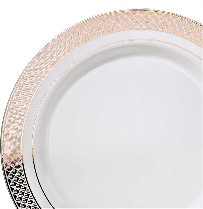 OCCASIONS 240 Plates Pack,(120 Guests) Heavyweight Premium Wedding Party Disposable Plastic Plates Set -120 x 10.5'' Dinner + 120 x 7.5'' Salad/Dessert plates (Celebration White & Rose Gold)