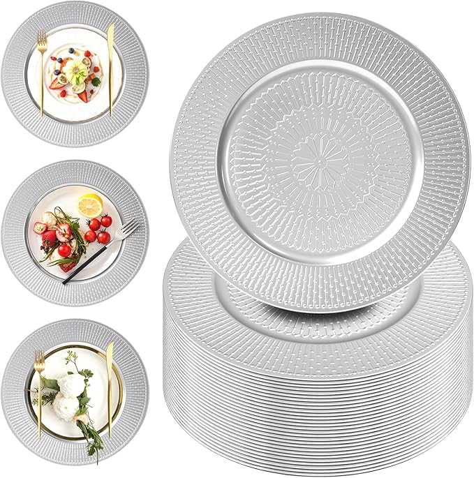 PROY 50 Pcs Silver Charger Plates Bulk, 13 Inch Silver Chargers for Dinner Plates Plastic Reusable Round Charger Platters for Table Setting, Wedding, Party, Event