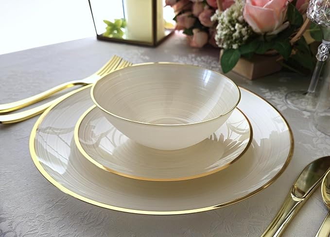 " OCCASIONS " 50 Plates Pack (25 Guests)-Wedding Party Disposable Plastic Plate Set -25 x 10'' Dinner + 25 x 7'' Salad & Dessert plates (Belize in Ivory & Gold)