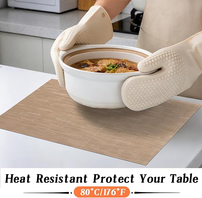 Timeet Placemats Set of 8, Heat Resistant Non-Slip Place Mats, Durable Washable PVC Vinyl Woven Table Mats, Linen Textured Table Placemats for Dining Kitchen Resistant Easy to Clean(Brown)