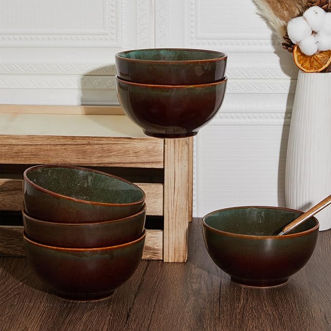 Stoneware Cereal Bowls Set of 6, 22 Oz Soup Bowls Set for Cereal Soup Snacks, Modern Kitchen Bowls for Meal, Dishwasher & Microwave Safe-Brown and Green
