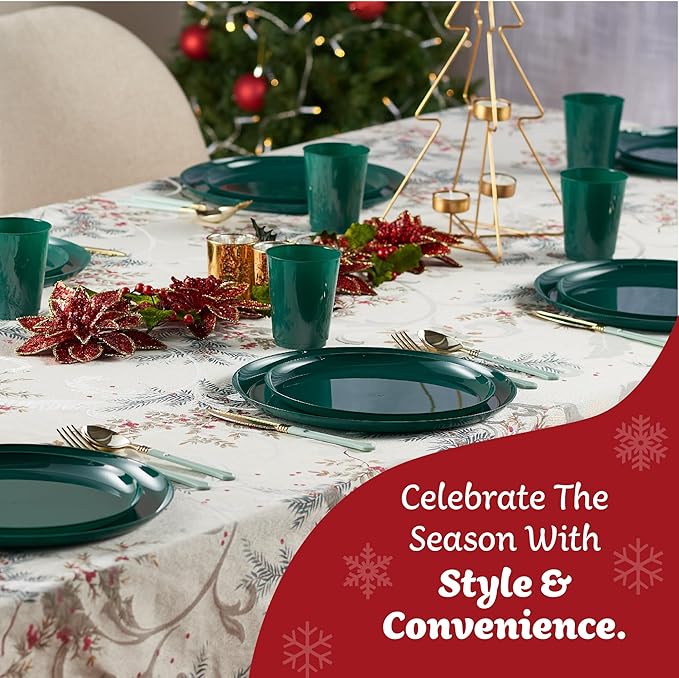 PLASTICPRO [30 Pack 10.7'' Christmass Green Plastic Party Plates Edge Collection Premium heavyweight Elegant Disposable Tableware Dishes