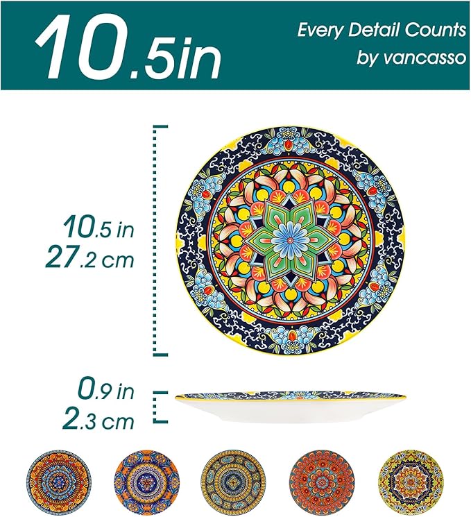 vancasso Bohemian Dinner Plates Set of 6, 10.5 Inch Ceramic Kitchen Plates for Dinner, Colorful Printed Dishes for Dining, Microwave & Dishwasher Safe Plate Set, Series KRVI