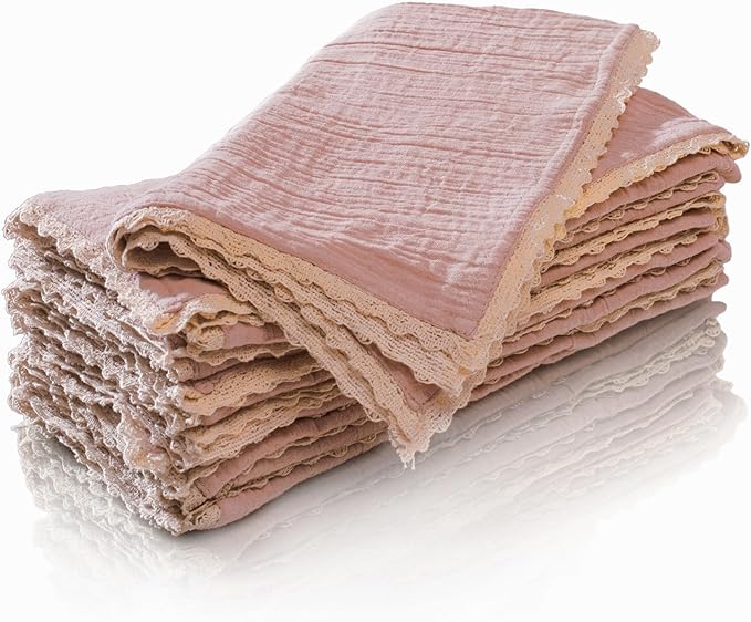 FINGERCRAFT Dinner Cloth Napkin Cotton Muslin Double Gauze 4 Pack with Classic Lace for Everyday Use, Wedding, Party, Christmas, Easter Napkins Cloth are Pre Shrunk and Good Absorbency Peach Wipe