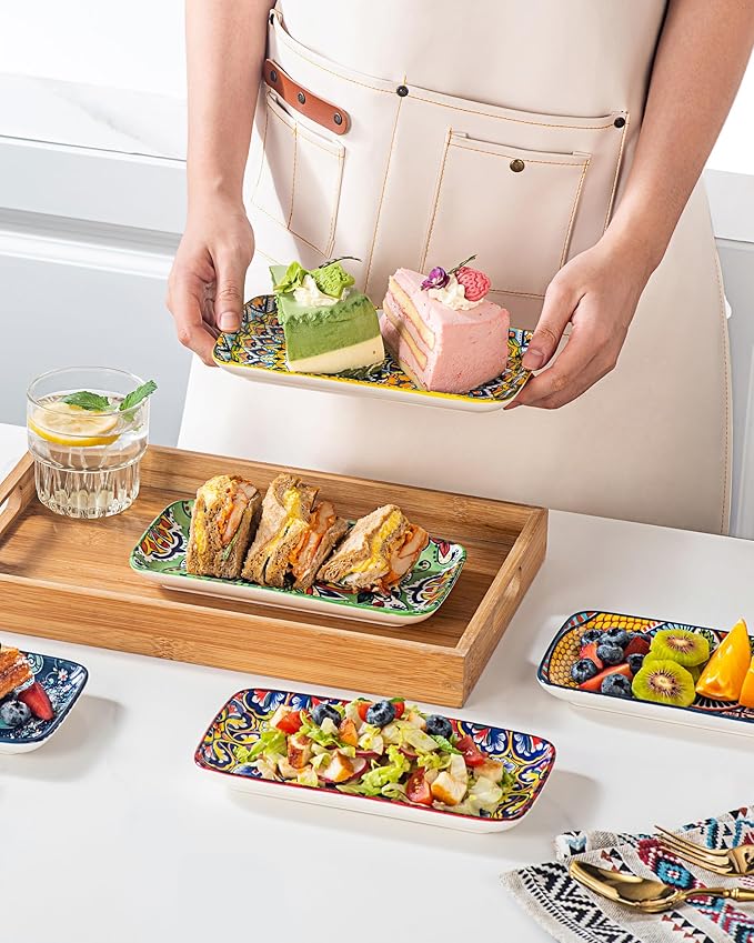 HENXFEN LEAD Ceramic Salad Plates 8 Inch – Rectangular Plates Set of 6 for Appetizer, Sushi & Dessert, Microwave & Dishwasher Safe