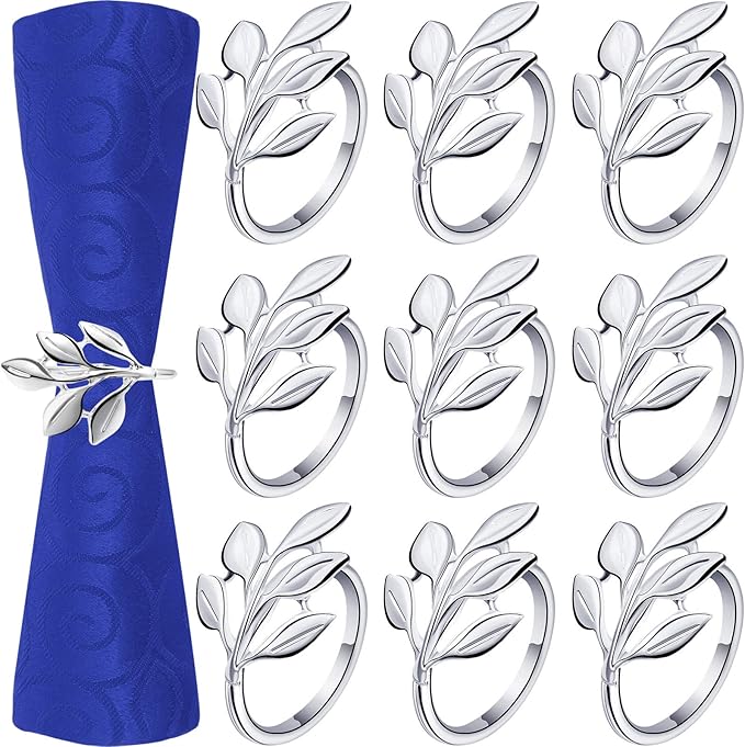Hotop 300 Pcs Leaf Napkin Rings Set Silver Metal Napkins Rings Holders Bulk Glossy Table Adornment for Vintage Wedding Bridal Thanksgiving Christmas Holidays Fall Dinner Party Decoration Favors