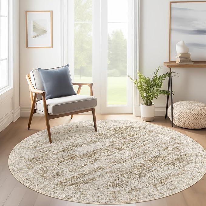 9x9 Brown Round Rug 9ft Living Room Circle Rug Vintage Round Area Rug Non Slip Indoor Carpet for Apartment