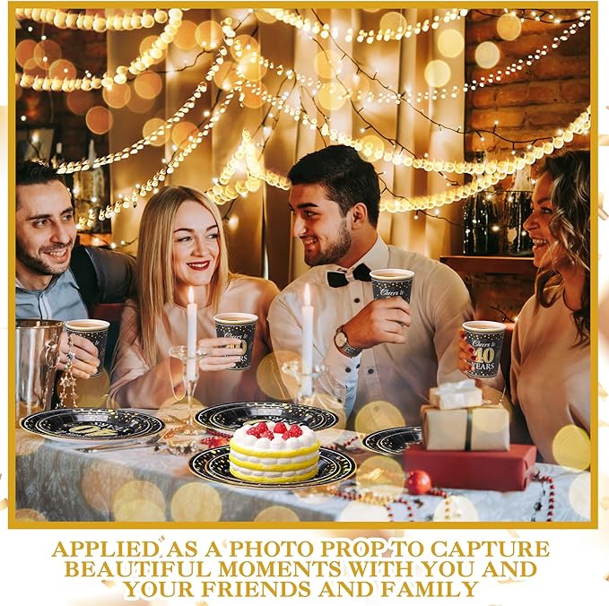 Pickmesh 250 Pcs 40th Birthday Disposable Tableware Set Black and Gold Cheers to 40 Years Disposable Paper Plates Napkins and Cups for 40th Birthday Wedding Anniversary Party Supplies Decorations