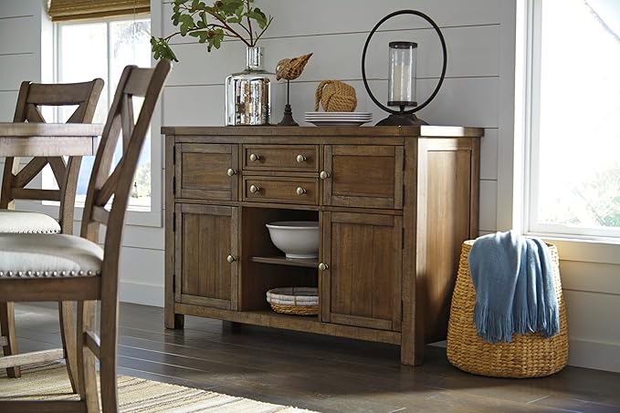 Signature Design by Ashley Moriville Vintage Casual Dining Room Buffet or Server with 4 Cabinets & Center Display Shelf, 2 Drawers, Wood, 56" Wide, Brown