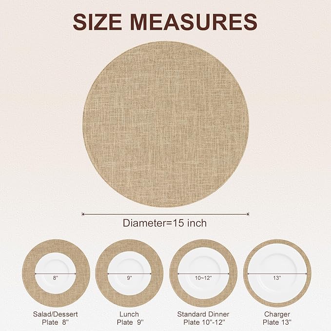 homing 15 Inch Round Cloth Placemats Set of 6, Cotton Linen Blend Washable Table Mats, Farmhouse Dining Place Mats for Indoors & Outdoors, Easy to Clean, Linen