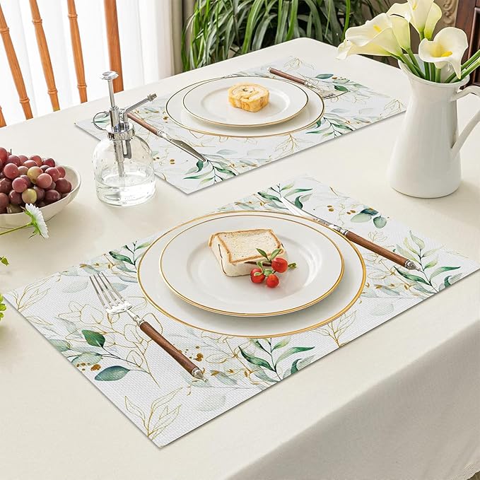 Leaves Printed Placemats Set of 4 Watercolor Sage Green Gold Branch Place Mats Washable Rectangular Spring Table Mats for Party Home Kitchen Restaurant Dining Table Decor 12x18 Inch