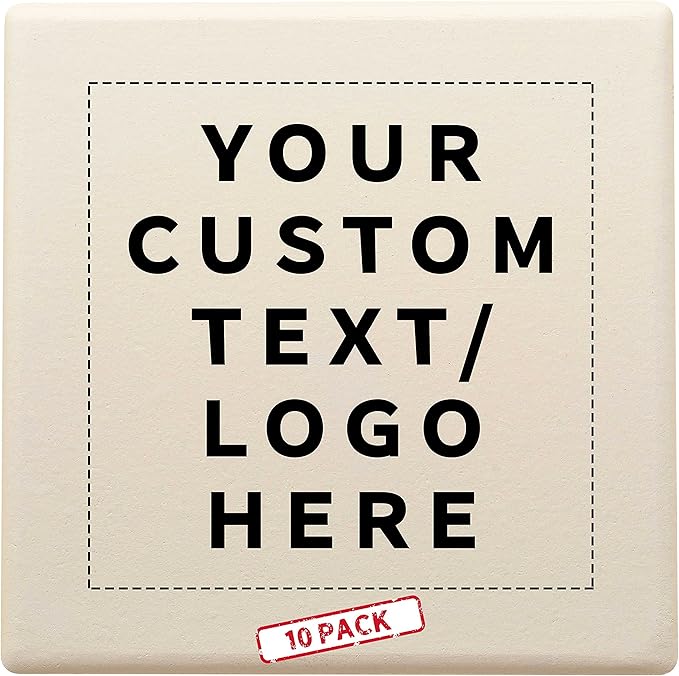 10 4" Square Ceramic Coasters Set - Customizable Text, Logo - Cork Bottom, Serve Ware - Natural