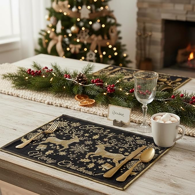 DaDa Bedding Set of 4-Pieces Magical Golden Reindeer Tapestry Placemats - Starry Winter Snowflake Festive Merry Christmas Holiday Yellow & Black - Needle Stitched Woven Table Mats - 13” x 19”