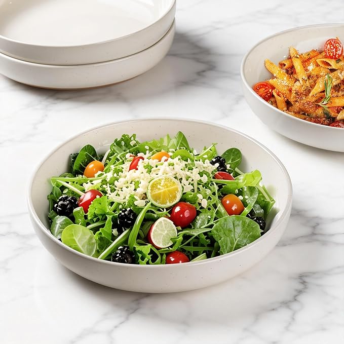 AmorArc 8.75'' Large Ceramic Pasta Bowls, 36oz Handpainted Stoneware Bowls Set of 4, Microwave&Dishwasher Safe Bowls with Wavy Rim&Rustic Terracotta Underside for Pasta Salad, Light Beige