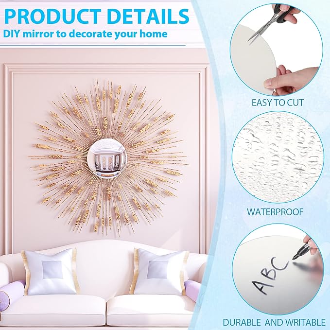 Cindeer Set of 24 Acrylic Round Mirror Plate Circle Mirror Trays Wedding Baby Shower Party Centerpieces for Tables Self Adhesive Non Glass Stickers for Home or Wall Candle Crafts Decor(8 Inch)