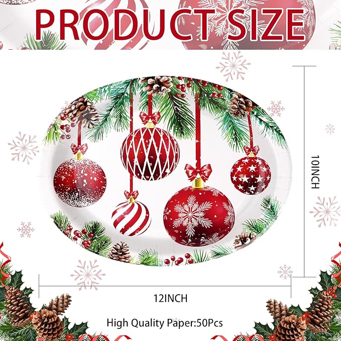 Grencian 50Pcs Christmas Paper Plates - Oval Dinner Plates, 10" x 12", Heavy Duty 400GSM, Red Christmas Balls for Merry Xmas Party Supplies
