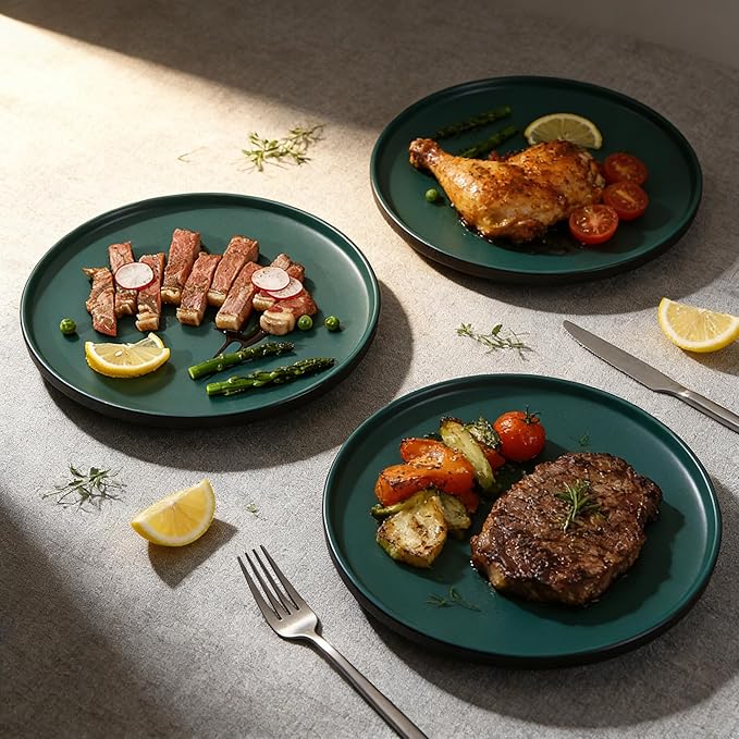 GZG Ceramic Dinner Plates Set of 4,10 Inch Stoneware plate Set,Microwave and Dishwasher Safe Kitchen Utensils,Stackable,Scratch Resistant (Dark Green)