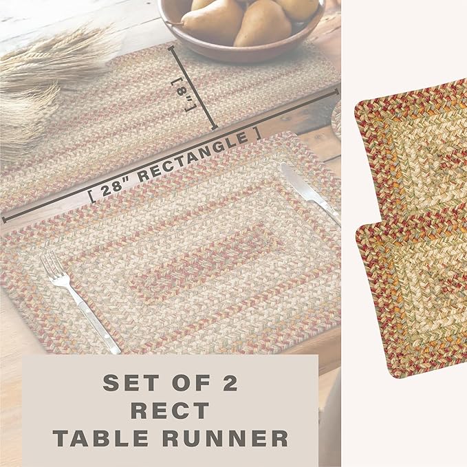 Homespice Harvest Jute Braided Short Table Runner, Warm Country Decor, Set of 2, Multicolor Rectangle 8x28 - Rich Colors, Easy to Clean, Durable and Protects Furniture