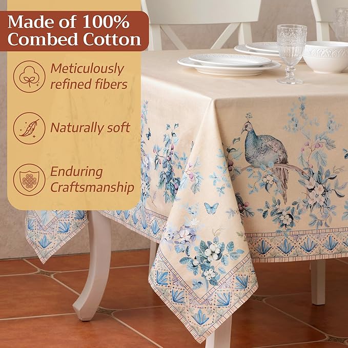 Maison d' Hermine Premium Table Cloth Rectangle Table 100% Combed Cotton 120 x 70 Inches Tablecloth Reusable Decorative for Dining Room, Home, Party, Festive & Wedding - Peacock Utopia - Sandy Beach