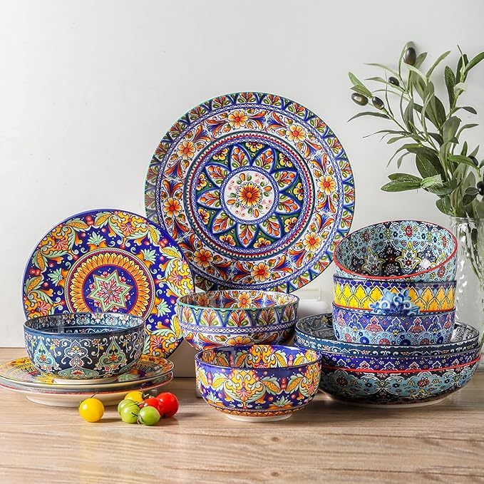 glowworm Pasta Bowls Set of 4, 42 oz Ceramic Salad Bowls for Kitchen, Large Serving Bowls for Ramen, Fruit, Housewarming Gift, Dishwasher & Microwave Safe, Bohemian
