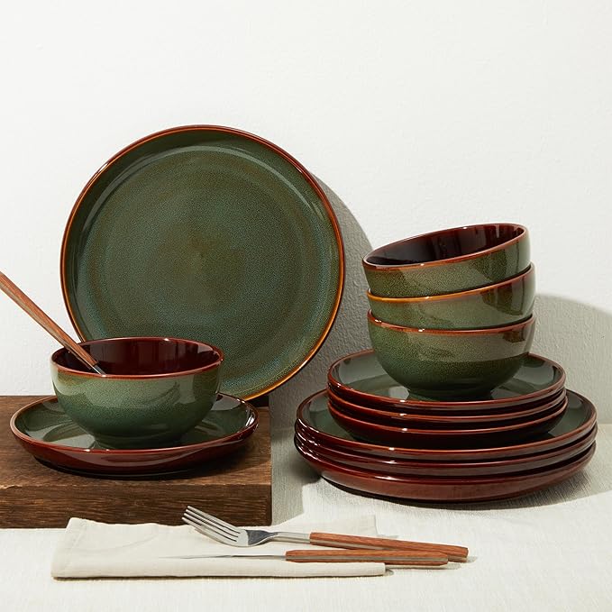 Stoneware Dinnerware Sets for 6, Microwave Safe Plate and Bowl Set, Easy to Clean & Durable Dishes Sets for Small to Medium Families, Sage Green