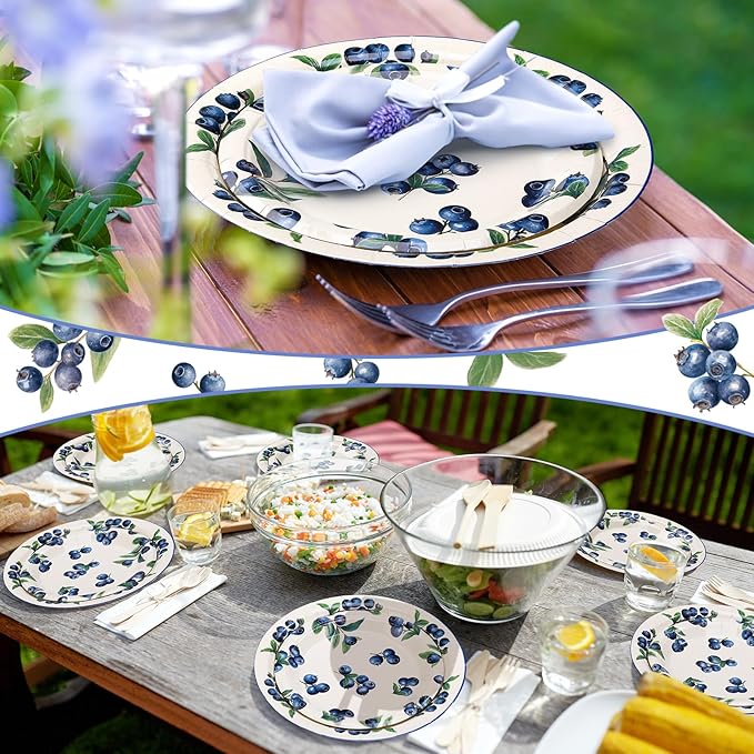 48 Pcs Blueberry Paper Plates Set Baby Shower 9" 7" Summer Watercolor Disposable Plates Decorative Dinner Plates Birthday Party Tableware for Party Supplies Decoration