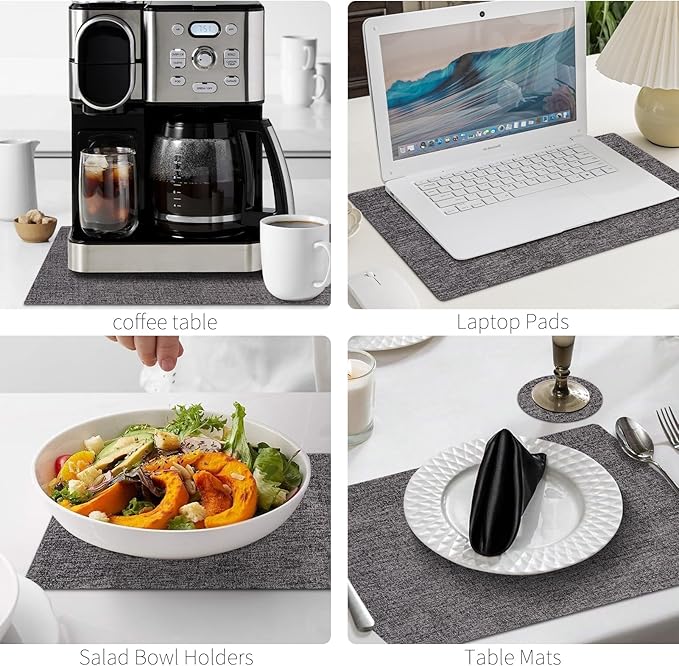MOSAYT Faux Leather Placemats Set of 6, Heat Resistant Wipeable Washable Vinyl Place Mats with Coasters, Waterproof Oil Proof Table Mats for Kitchen Dining Party Outdoor, 12" x 17", Dark Light Grey