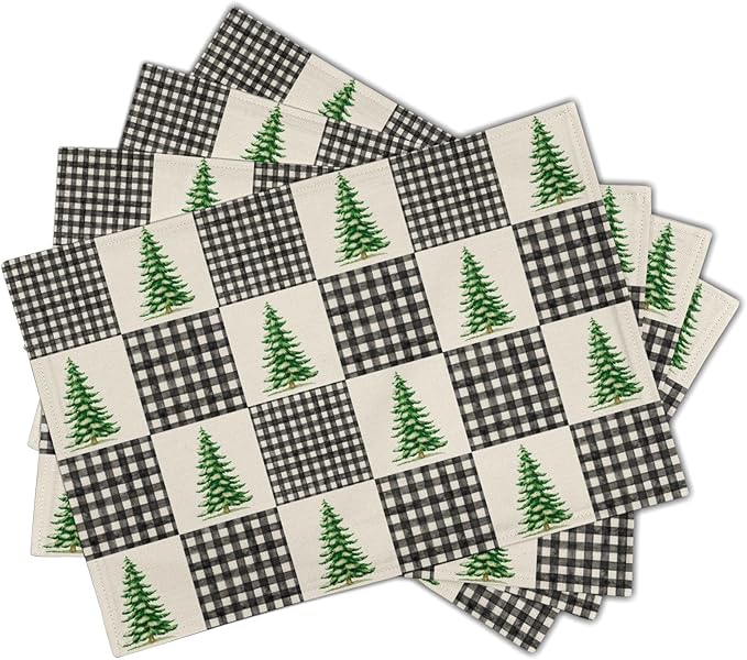 Winter Placemats Set of 4 - Black White Buffalo Plaid Tablemats 12 x 18 mas Tree Place Mats Set for Kitchen Dining Table