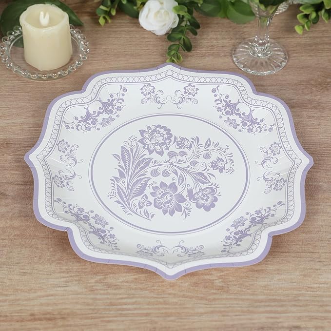 50 Pack 10" White Lavender Lilac French Toile Dinner Plates, Disposable Round Paper Party Plates 300 GSM for Festive Table Decoration