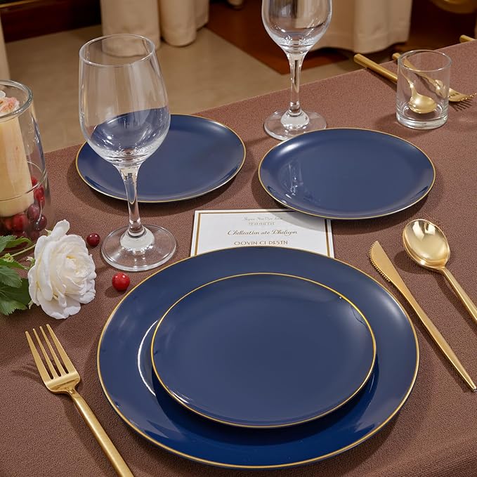 bUCLA 200PCS Blue Plastic Plates - Navy Blue Disposable with Gold Rim Include 100 Each (10 inch Dinner & 7 inch Dessert) Plates, Ideal for Party, Gathering and Hanukkah