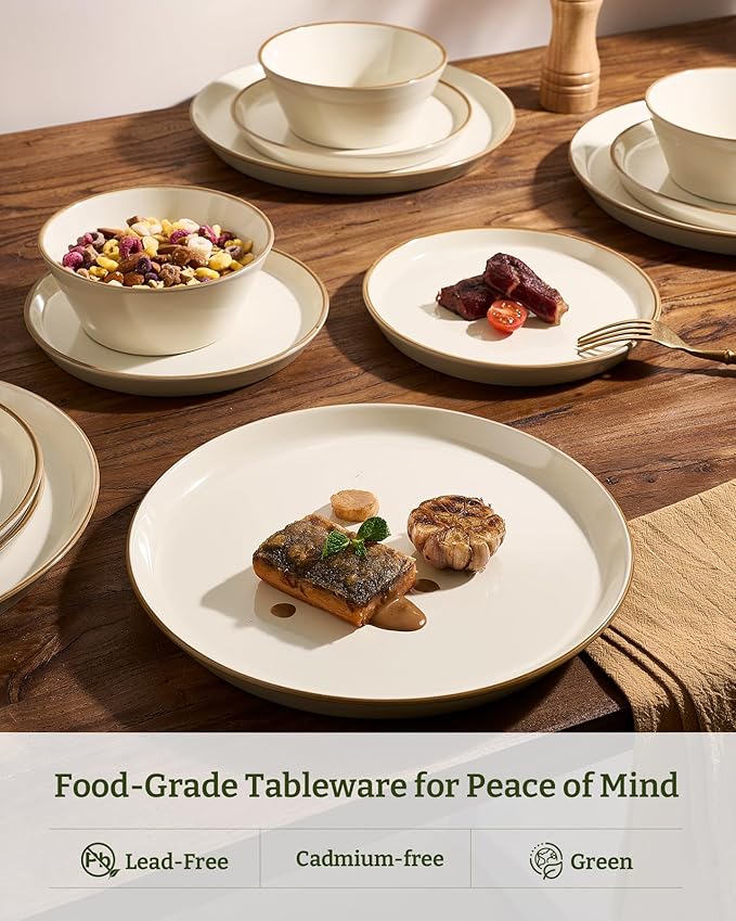 Famiware Saturn Plates and Bowls Dish Sets for 6 (18 Pieces), Stoneware Dinnerware Set with Hand-Painted Trim - Chip & Scratch Resistant, Microwave & Dishwasher Safe Ceramic Dishes, Vanilla White