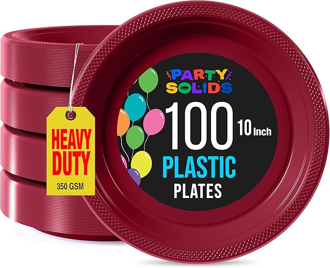 Burgundy Plastic Plates For Party 10" Burgundy Disposable Plates Heavy Duty Supplies 100 Pieces Plastic Dinnerware Sets Heavy Duty 350 GSM Disposable Dinnerware Set