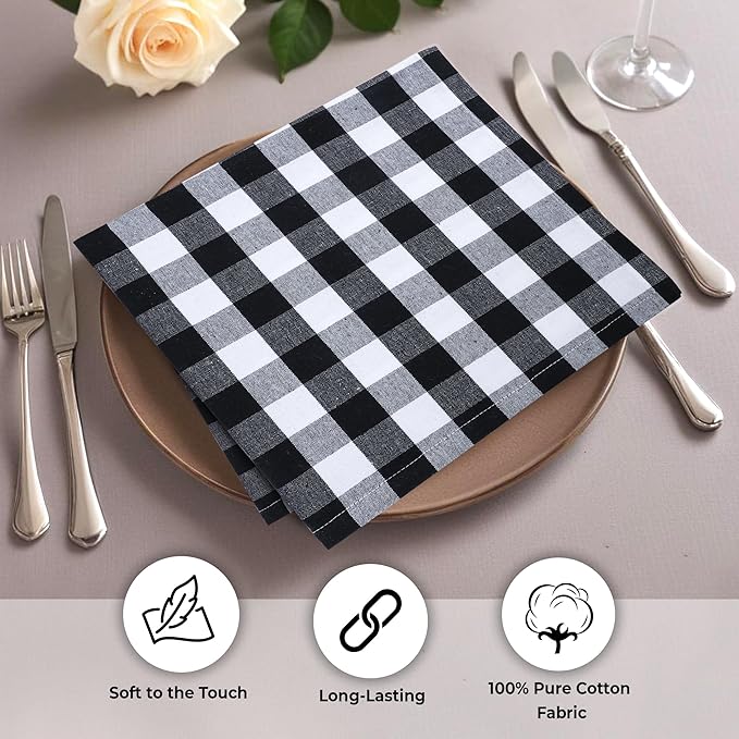 Urban Villa Cloth Napkins Set of 12 20x20 Inches 100% Cotton Napkins Cloth Washable Durable Reusable Absorbent Table Dinner Napkins Cloth for Hotel Lunch Restaurant Weddings Parties-Black white Checks