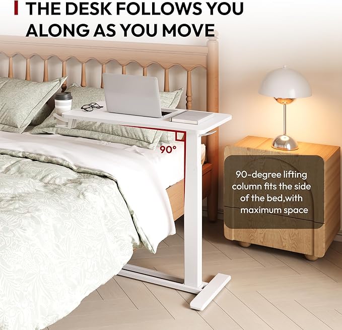 SANODESK Mobile Standing Desk with Hidden Wheels,Pneumatic Laptop Desk Rolling Computer Cart Movable Height Adjustable Small Sit Stand Desk for Home Office(31.5" W x 15.7" D,White)