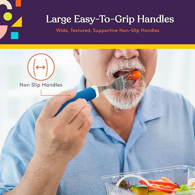 Special Supplies Adaptive Utensils 5-Piece Set Non-Weighted, Non-Slip Handles for Hand Tremors, Arthritis, Parkinson’s or Elderly Use - Stainless Steel Knife, Rocker Knife, Fork, Spoons - Blue