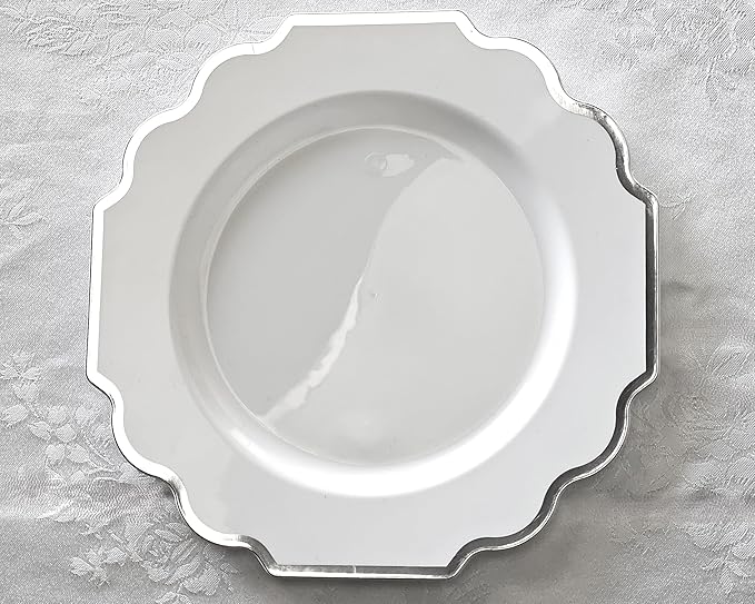 " OCCASIONS " 80 Plates Pack,(40 Guests) Heavyweight Wedding Party Disposable Plastic Plates Set -40 x 10.5'' Dinner + 40 x 8'' Salad/Dessert Plate (Imperial in White & Silver Rim)