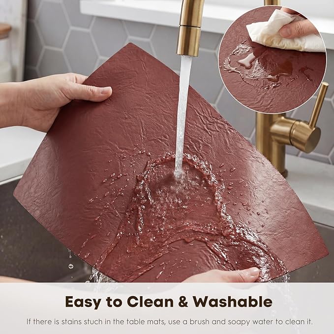Artoid Mode Red Faux Leather Placemats Set of 6, 12x18 Inch Waterproof Wipeable Heat Resistant Vinyl Place Mats, Reversible Table Mats for Christmas Kitchen Dining Decor