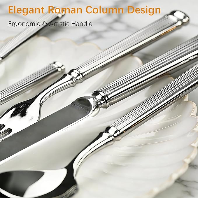 Silverware Set for 4 Morden Flatware Set 16 Pieces 18/10 Stainless Steel Unique Roman Column Handle Cutlery Utensil Sets for Home Restaurant Dishwasher Safe Tableware Set