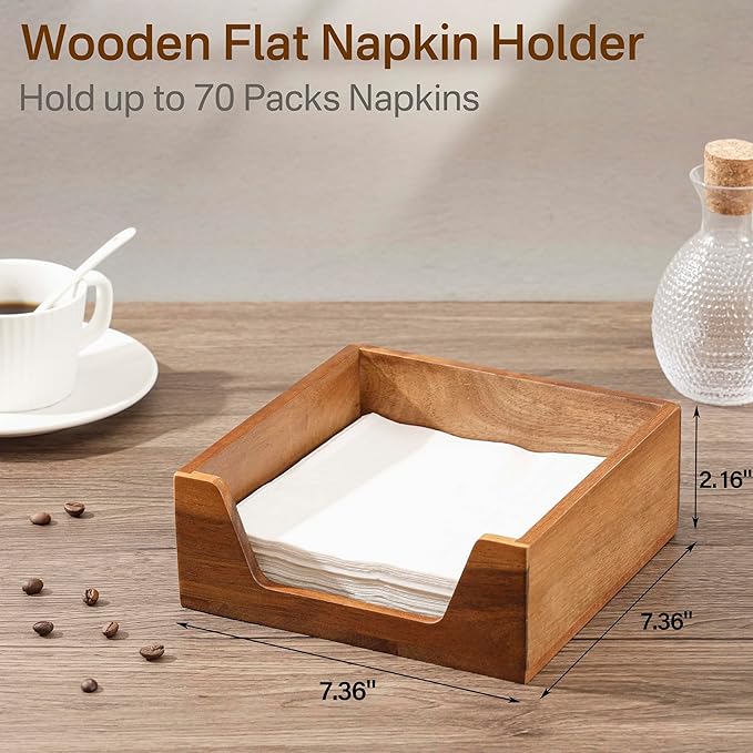 Napkin Holder for Table, Wooden Napkin Dispenser with Side Large Opening for Paper Napkins, Farmhouse Style Square Napkin Holder, Home Kitchen Dining Tabletop Decor