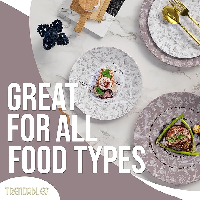 Trendables Disposable Dinnerware Decorative Plates Plastic Disposable Plates Set For 20 Guests 20 x 8 Inch Dessert Plate & 20 x 10 Inch Wedding Party Plate Set Blossom Circle