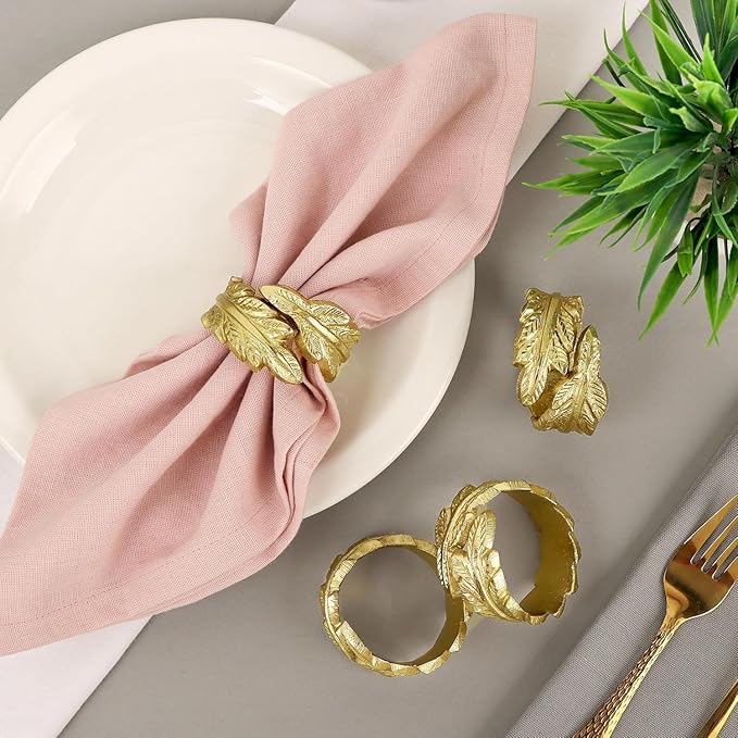 CLEENTABLE Gold Leaf Napkin Rings Set of 12 - Round Metal Napkin Holders for Dining Table Settings - Elegant Leaf Design for Weddings, Parties, Holiday Décor, Family Dinners & Special Occasions