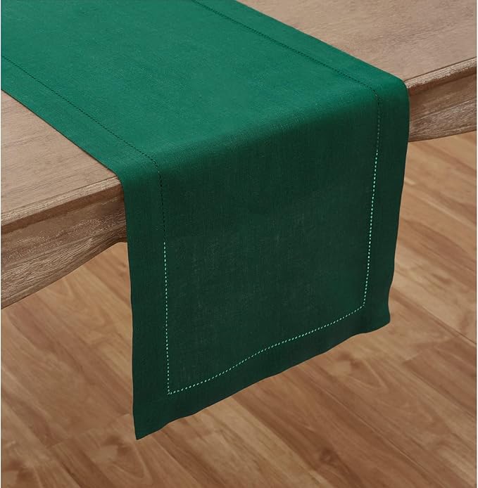 Solino Home Linen Rainforest Green Hemstitch Table Runner 36 Inches - 100% Pure Linen Small Table Runner 14 x 36 Inch Ideal for Dresser and Coffee Tables, St Patricks Day - Classic Hemstitch