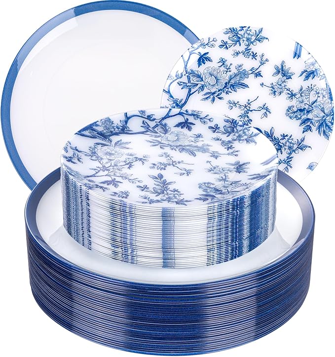 EI 60pcs Blue and White Floral Plastic Plates Fancy Blue Floral Disposable Heavy Duty,10.25inch Dinner Plate and 7.5inch Dessert Plate,Disposable Nice Plastic Plates for Party,Wedding(Value,Elegant)