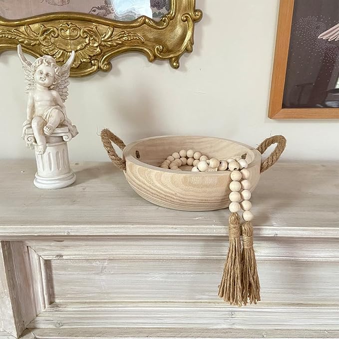 OMISHE Paulownia Wood Bowl, Decorative Bowl for Home Decor, Natural Handmade Dough Wooden Bowl, Rustic Round Serving Bowl with Rope Handle and Wood Bead Garland for Tabletop Centerpiece Decor