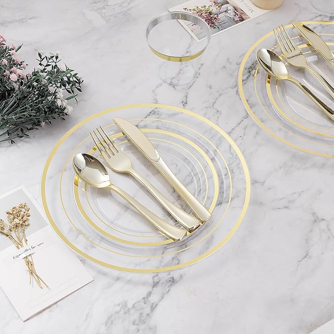 BESTVIP 50PCS 7" Clear Gold Plastic Plates, Disposable Salad Dessert Plate with Gold Rim for Christmas, Thanksgiving, Heavy Duty Disposable Plastic Plates for Party, Wedding and Birthday, Events
