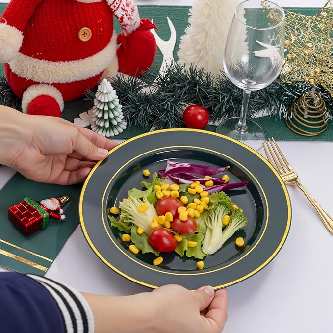 NOCCUR 200PCS Green Plastic Plates for 100 Guests - Include 100PCS 10" Dinner/ 100PCS 7" Dessert Disposable Plates Heavy Duty - Ideal for Party/Wedding