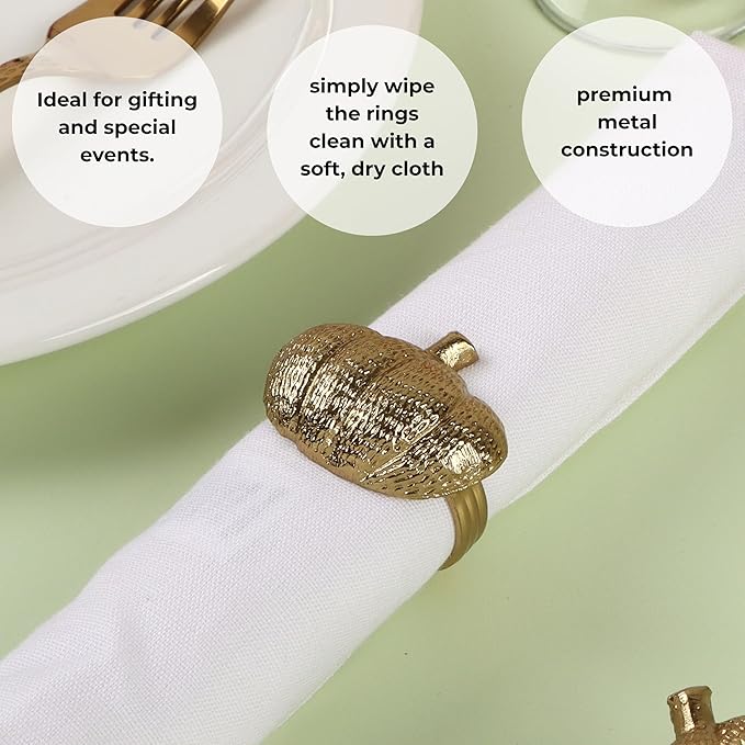 ALPHA Living HOME Set of 12 Pumpkin Napkin Rings Premium Metal Fall Harvest Table Decor Thanksgiving Dinnerware Holders, Autumn & Halloween Table Setting Accessories (Gold)