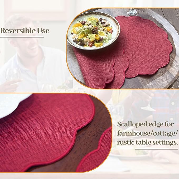 AHHFSMEI Round Faux Linen Placemats Set of 6 Waterproof Table Mats Heat Resistant Non-Slip and Stain Proof for Kitchen Dining Elegant Decor (Burgendy red,6)