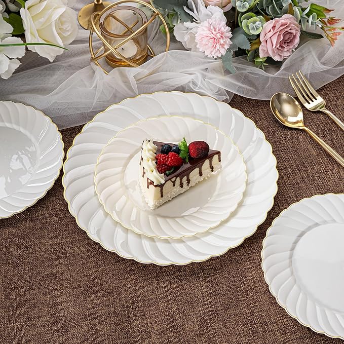 U-QE 60 Pcs Ivory Plastic Plates with Gold Trim – Scalloped Plate Disposable for Party - Elegant Plastic Plates Include 30 10.25" Dinner & 30 7.25" Dessert Plates for Party & Valentines Day