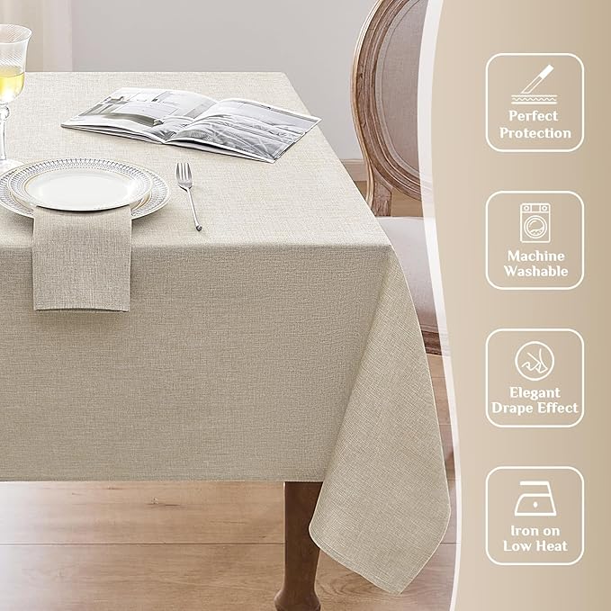 Softalker Large Beige Tablecloths Rectangular 144 x 60 inch Linen Textured Table Cloth Outdoor Waterproof, Stain and Wrinkle Resistant, Table Cloths for 6/8/10 Foot Rectangle Tables Decor for Spring